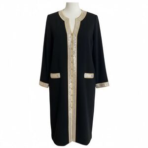 Vintage Toula Dress‎ Coat Black Gold Silver Embellished Trim Long Sleeve Size 14